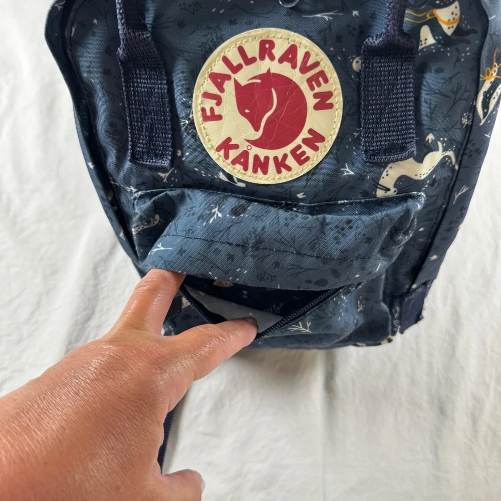 Fjallraven Kanken Mini Blue Fable Print Mini Backpack Shoulder Strap Handle